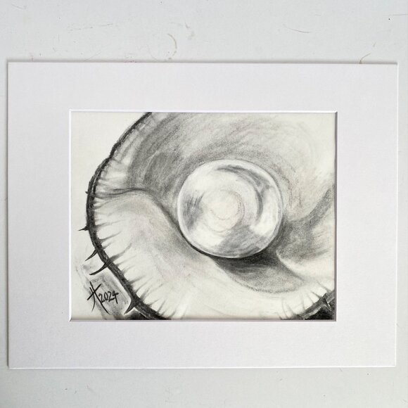Special Pearl Original Charcoal Drawing Wall Art 11x14in Matted Frame Ready Blac - Picture 3 of 9